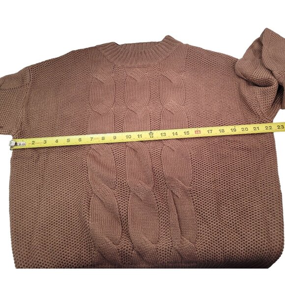 Women's Cable Knit Sweater Long Sleeve Pullover Crew-Neck Coffee Brown Medium - Picture 7 of 8